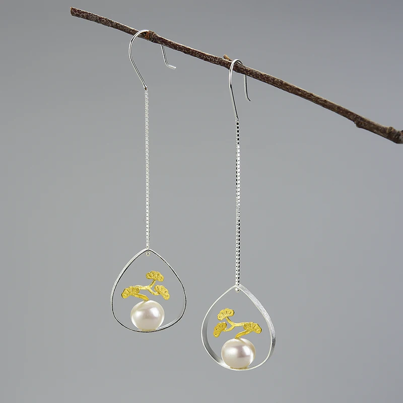 Everglow Pearl Pine Drop Earrings – 925 Sterling Silver Botanical Elegance