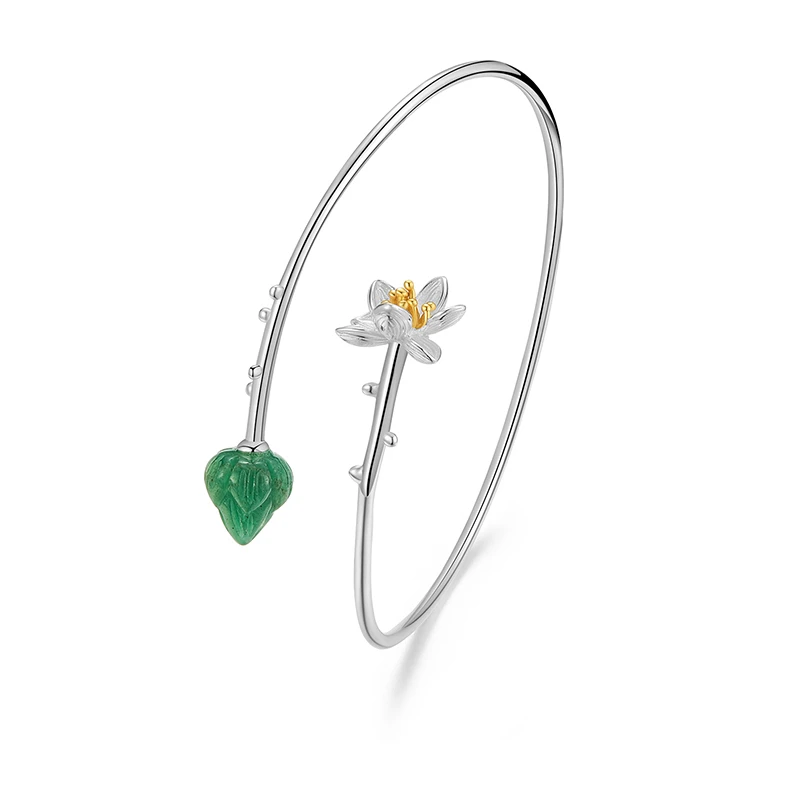 Lotus Whisper Bangle - 925 Silver with Aventurine Accent