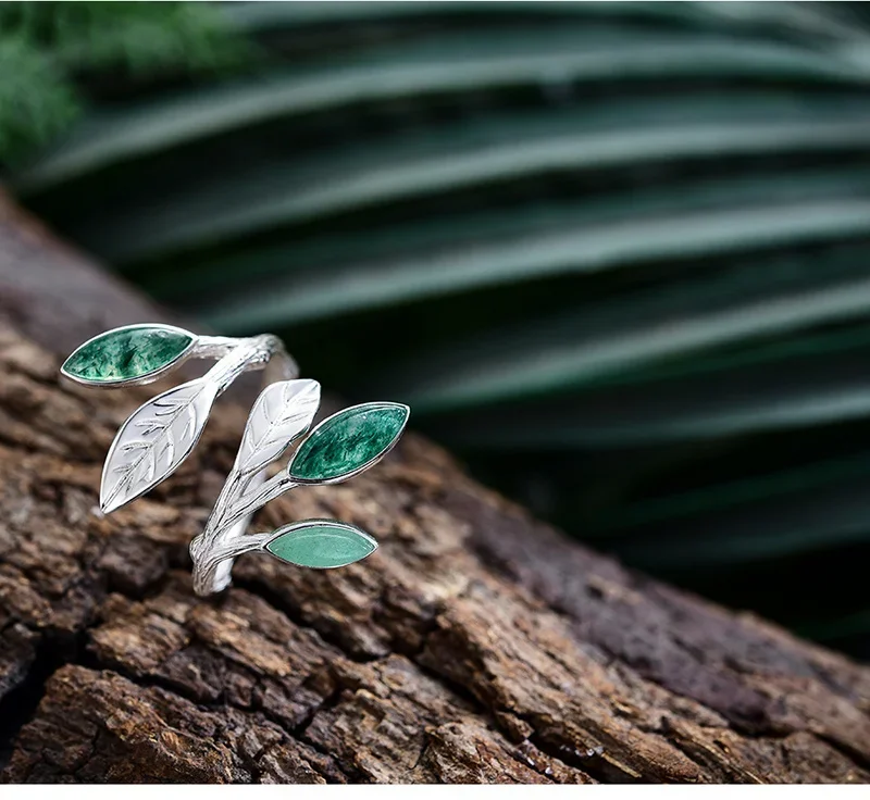 Botanical Aventurine Open Ring - 925 Sterling Silver with Natural Stone Leaf Design