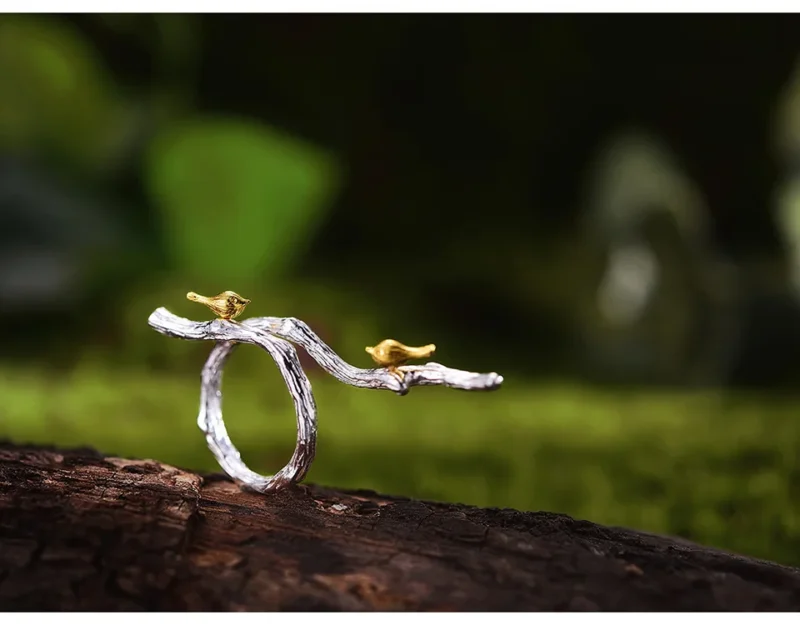 Songbird Branch Adjustable Ring - 18K Gold & 925 Sterling Silver Nature Jewelry
