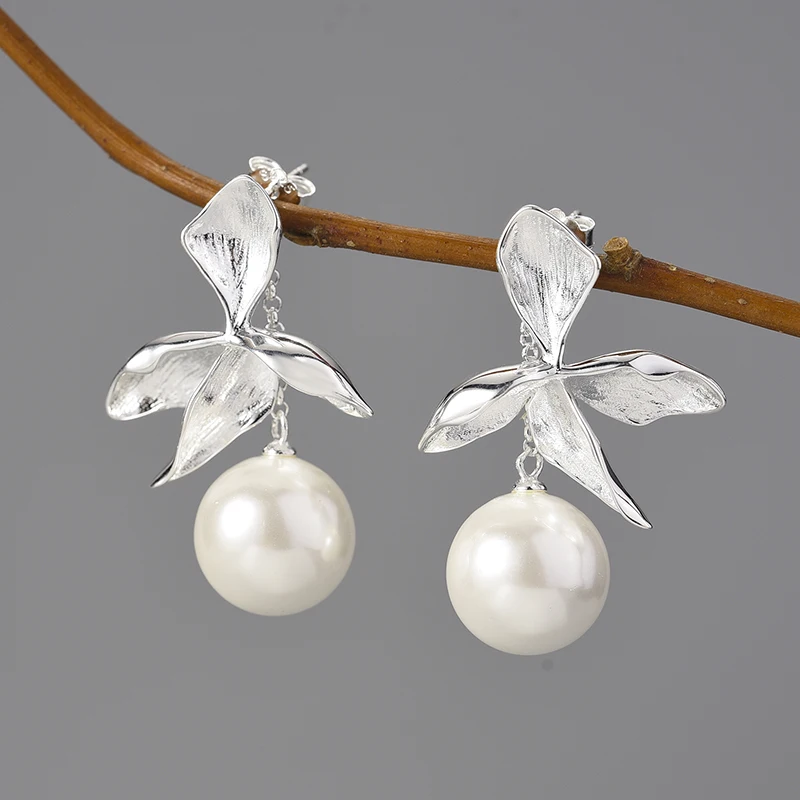Lunar Pearl Drop Earrings – 925 Sterling Silver Botanical Elegance