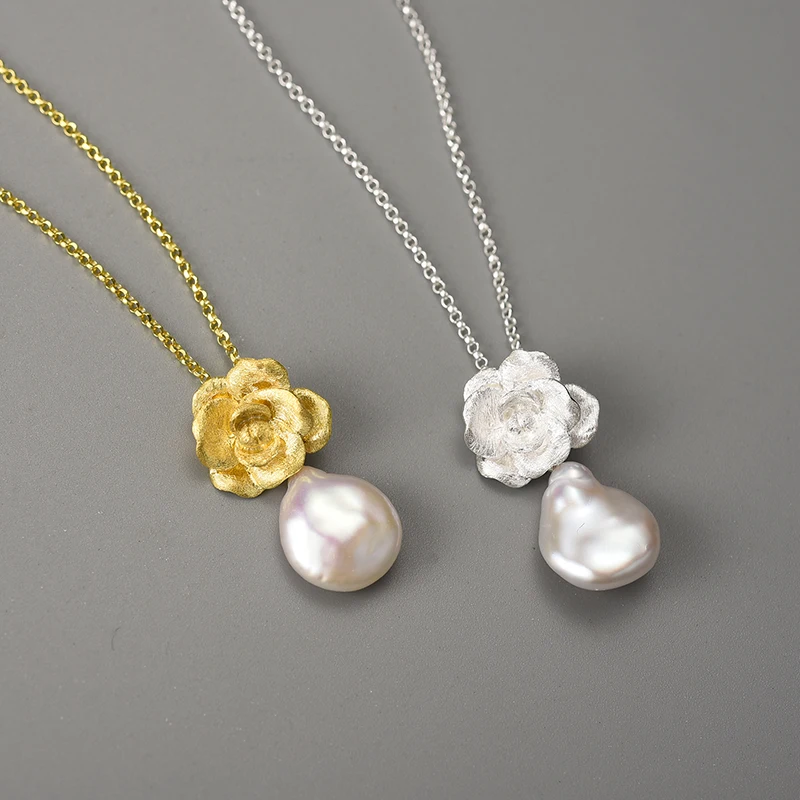 Baroque Pearl Floral Pendant Necklace - 925 Silver